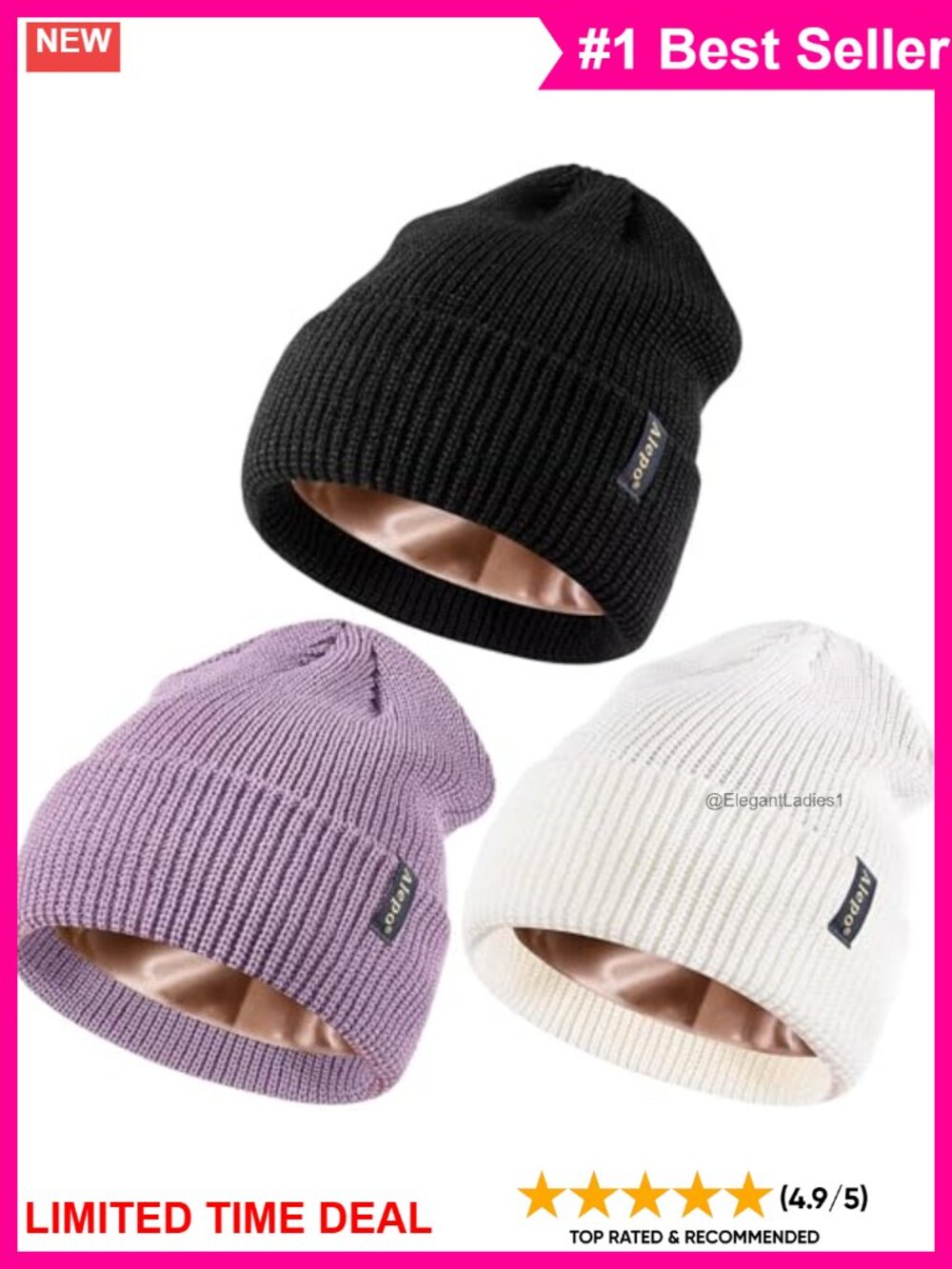 3 Pack Satin Lined Cable Knit Beanie Cuffed Winter Skull Cap
